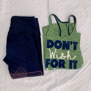 Green Graphic Tank Top and Navy RBX Leggings Set Medium